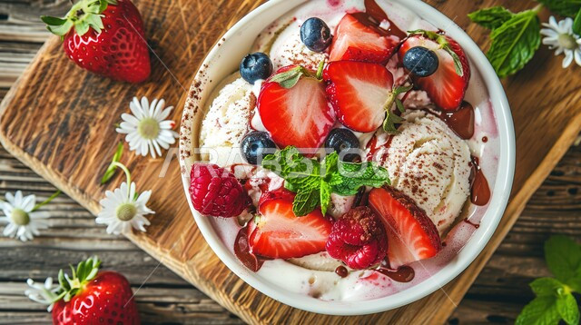 آيس كريم المزين بالنعناع الاخضر، كرات البوظة بنكهة الفانيليا والفراولة الطازجة، حلويات صيفية باردة، المأكولات المليئة بالسكريات والسعرات الحرارية، مرطبات فصل الصيف