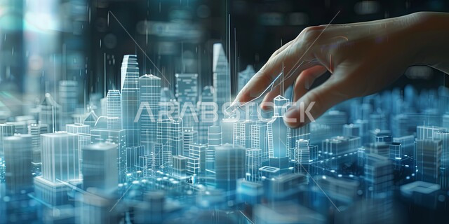 رؤية مستقبلية سعودية 2030, النمو والتطور العمراني، الفن الهندسي المعماري للمنشآت وناطحات السحاب المبنية على الطراز الحديث، صورة مقربة ليد رجل عربي خليجي سعودي يقوم بالاشراف على خطة بناء الأبراج الرقمية في المملكة، خلفية هولوجرامية ثلاثية الابعاد