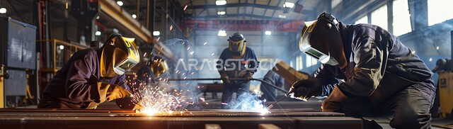 Wearing protective clothing to protect against flying sparks in the laboratory, skill in mastering work in the blacksmith factory, a group of Saudi Gulf Arab workers welding metal, preparing and connecting iron with welding equipment and tools, Saudi professions and businesses