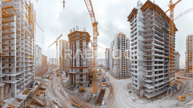 الحضارة والتطور والتقدم العمراني في المملكة العربية السعودية, صورة جوية لمجموعة من المباني السكنية قيد الانشاء, تحسين وتطوير البنية التحتية, مفهوم الهندسة الإنشائية والمعمارية, تنفيذ مخطط الإعمار وتشكيل الهيكل المعدني, رافعات بناء وصب الخرسانات ووضع الاساسات