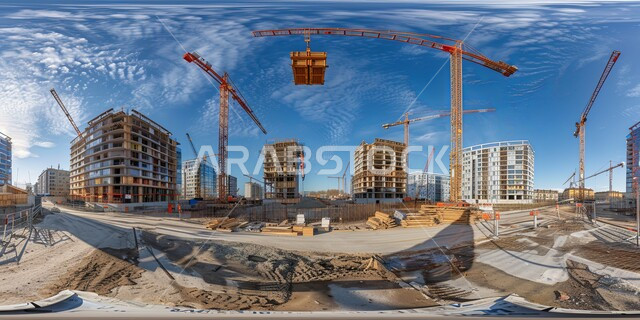 Implementation of the reconstruction plan and formation of the metal structure, civilization, development and urban progress in the Kingdom of Saudi Arabia, an aerial photo of a group of residential buildings under construction, improving and developing the infrastructure, the concept of structural and architectural engineering, construction cranes, pouring concrete and laying foundations