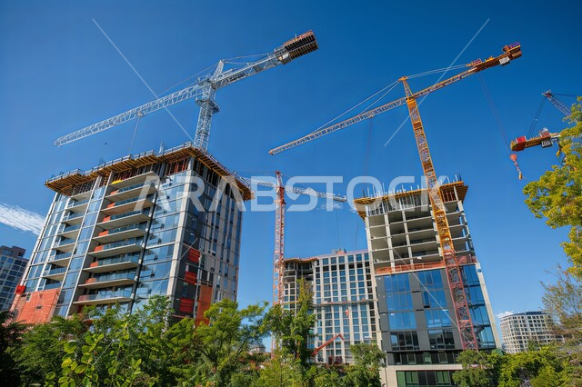 زيادة المساحات الخضراء المحيطة بالمباني السكنية, مفهوم الهندسة الإنشائية والمعمارية, رافعات البناء وصب الخرسانات ووضع الأساسات, تنفيذ مخطط الإعمار وتشكيل الهيكل المعدني, مبنى حديث قيد الانشاء, التوسع العمراني في المملكة العربية السعودية