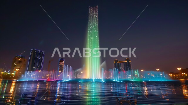 قضاء اوقات ممتعه في عطلة نهاية الاسبوع,  نافورة دبي الشهيرة المضيئة بألوان مختلفة في وقت الليل, قضاء اوقات ممتعه في عطلة نهاية الاسبوع, أماكن ومعالم سياحية مشهورة في الامارات العربية المتحدة, انشطة وفعاليات ترفيهية