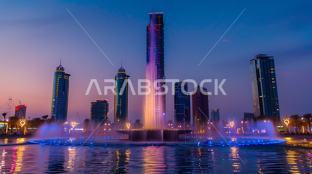 قضاء اوقات ممتعه في عطلة نهاية الاسبوع,  نافورة دبي الشهيرة المضيئة بألوان مختلفة في وقت الليل, قضاء اوقات ممتعه في عطلة نهاية الاسبوع, أماكن ومعالم سياحية مشهورة في الامارات العربية المتحدة, انشطة وفعاليات ترفيهية