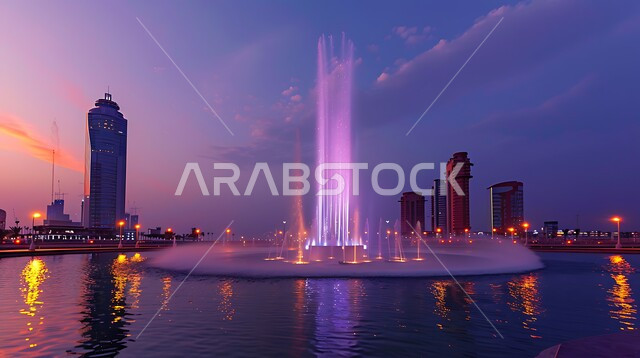 قضاء اوقات ممتعه في عطلة نهاية الاسبوع, نافورة دبي الشهيرة المضيئة بألوان مختلفة في وقت الليل, أماكن ومعالم سياحية مشهورة في الامارات العربية المتحدة, انشطة وفعاليات ترفيهية