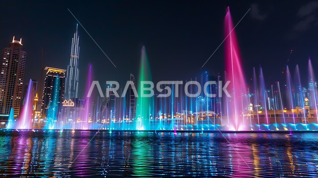 قضاء اوقات ممتعه في عطلة نهاية الاسبوع, نافورة دبي الشهيرة المضيئة بألوان مختلفة في وقت الليل, أماكن ومعالم سياحية مشهورة في الامارات العربية المتحدة, انشطة وفعاليات ترفيهية