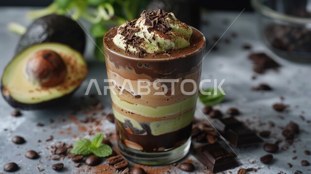 خلطات طبيعية باردة لذيذة، مشروبات فواكه موسمية منعشة، ثمار ومحاصيل زراعية وطنية محلية سعودية، فاكهه الأفوكادو مع ايس كريم الشوكولا الشهية
