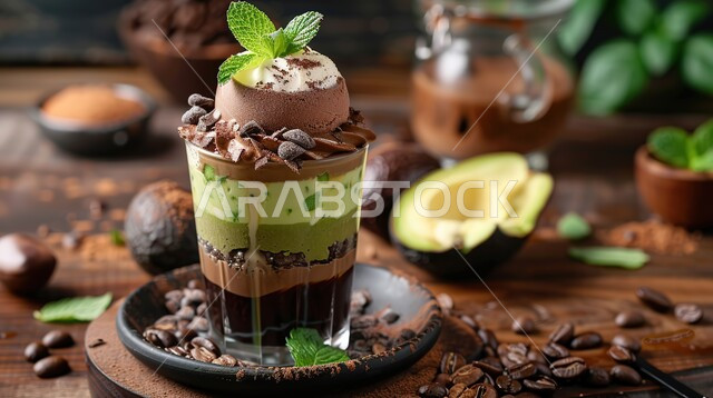 خلطات طبيعية باردة لذيذة، مشروبات فواكه موسمية منعشة، ثمار ومحاصيل زراعية وطنية محلية سعودية، فاكهه الأفوكادو مع ايس كريم الشوكولا الشهية
