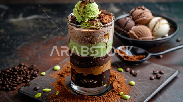 خلطات طبيعية باردة لذيذة، مشروبات فواكه موسمية منعشة، ثمار ومحاصيل زراعية وطنية محلية سعودية، فاكهه الأفوكادو مع ايس كريم الشوكولا الشهية