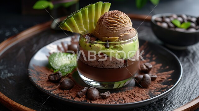 خلطات طبيعية باردة لذيذة، مشروبات فواكه موسمية منعشة، ثمار ومحاصيل زراعية وطنية محلية سعودية، فاكهه الأفوكادو مع ايس كريم الشوكولا الشهية