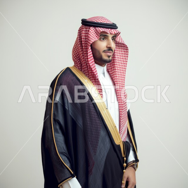 مفهوم الاهتمام في المظهر الخارجي، رجل عربي خليجي سعودي  يرتدي الثوب و الشماغ والبشت الاسود, النظر الى شيء ما, ايماءات الوسامة والرجولة, خلفية بيضاء
