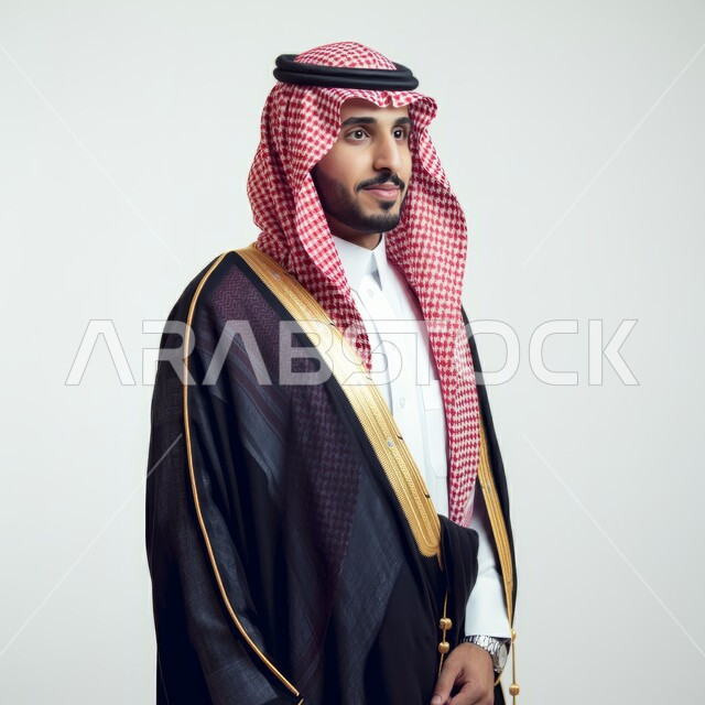 The concept of interest in external appearance, a Saudi Gulf Arab man wearing a thobe, shemagh and a black bisht, looking at something, gestures of handsomeness and masculinity, white background