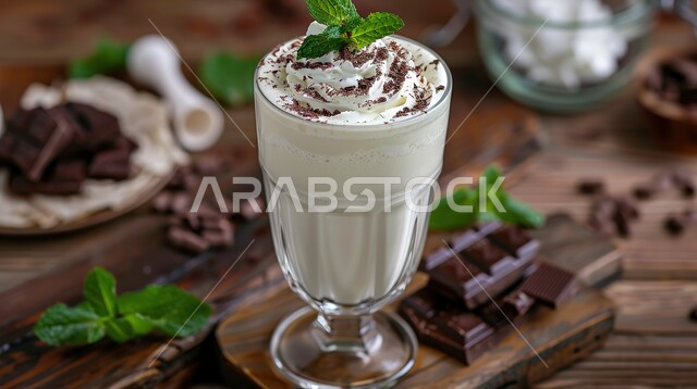 كوب من الميلك شيك الشهي مع النعناع و الحليب والايس كريم اللزيز، المشروبات الباردة الشهية، مشروب صيفي منعش ومثلج، عصائر طبيعية مفيدة