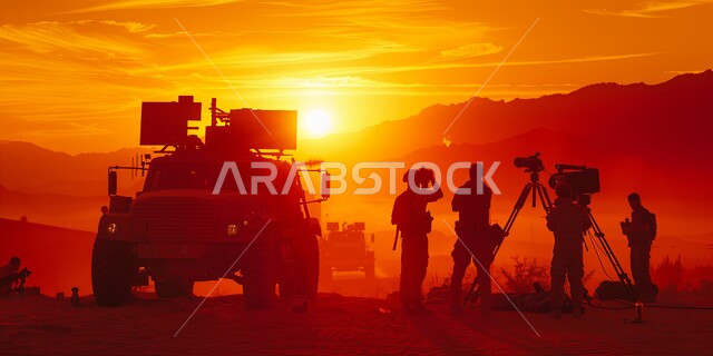 وسائل النقل الحربية, صورة ظلية لمجموعة من المصورين العرب الخليجيين السعوديين يقومون بتصوير مركبة عسكرية أثناء الغروب, الخدمات الأمنية في المملكة العربية السعودية, معدات وأدوات عسكرية, سالويت