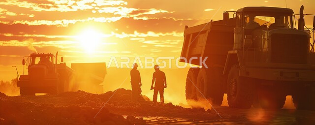 وسائل النقل والمواصلات التجارية، صورة ظلية لمجموعه من العمال العرب الخليجيين السعوديين يقومون بالاشراف على تعبئة الشاحنة الضخمة, مفهوم الخدمات اللوجستية في المملكه العربية السعودية, خدمة نقل البضائع,  خلفية السماء أثناء الغروب, سالويت