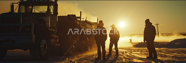 خدمة نقل البضائع, وسائل النقل والمواصلات التجارية، صورة ظلية لمجموعه من العمال العرب الخليجيين السعوديين يقومون بالاشراف على تعبئة الشاحنة الضخمة, مفهوم الخدمات اللوجستية في المملكه العربية السعودية, خلفية السماء أثناء الغروب, سالويت