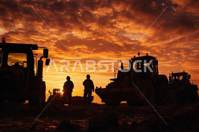 جرافة تعمل على رفع وتعبئة الانقاض وقت الغروب، صورة ظلية لمجموعة من المهندسين العرب الخليجيين السعوديين يقومون بالإشراف على موقع العمل، مفهوم الهندسة والإنشاءات والتطوير، مهن ووظائف هندسية صناعية السعودية، آلات ومعدات ثقيلة، سالويت