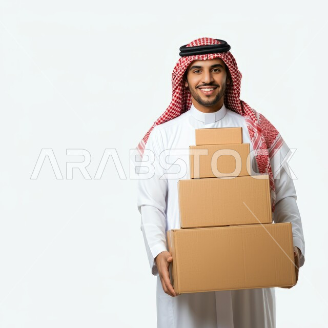 خدمات الشحن ذات الجودة العالية، بورتريه مقرب لرجل عربي سعودي خليجي يرتدي الشماغ والثوب بحمل صناديق شحن, النظر الى الكاميرا بإيماءات السرور والفرح، عمليه توصيل صناديق الطلبات الخاصة بالزبائن