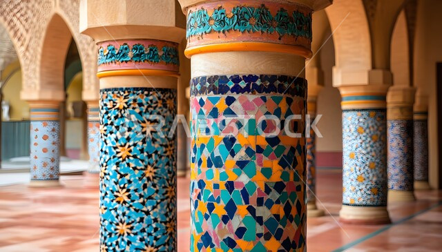 التصاميم والديكورات الداخلية الأنيقة للمساجد، صورة مقربة للنقوش والزخارف الملونة على الاعمدة والاقواس على الطراز الاسلامي، الفن الهندسي المعماري لمسجد عربي عريق، مفهوم العبادة والتقرب إلى الله تعالى