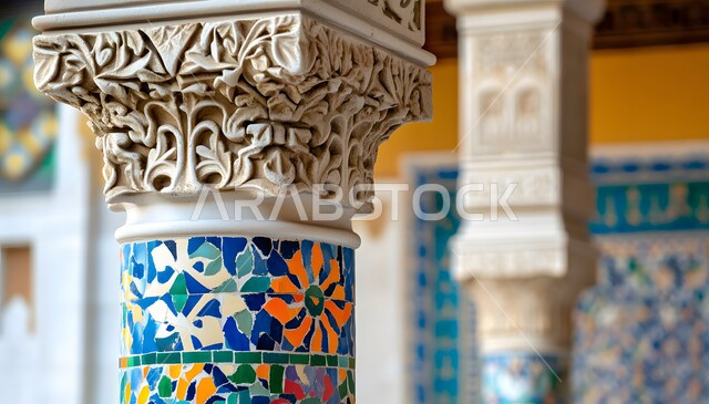 التصاميم والديكورات الداخلية الأنيقة للمساجد، صورة مقربة للنقوش والزخارف الملونة على الاعمدة والاقواس على الطراز الاسلامي، الفن الهندسي المعماري لمسجد عربي عريق، مفهوم العبادة والتقرب إلى الله تعالى