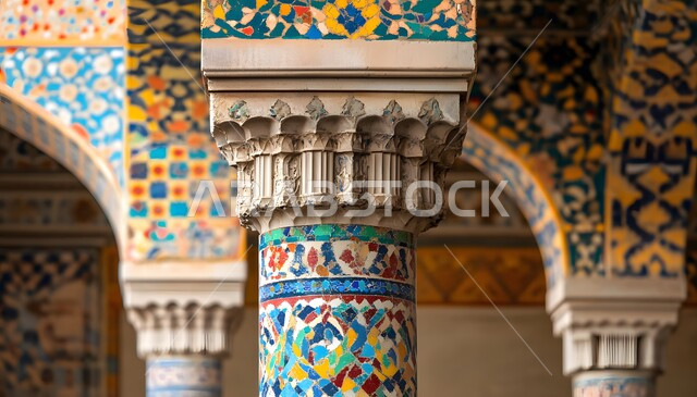 التصاميم والديكورات الداخلية الأنيقة للمساجد، صورة مقربة للنقوش والزخارف الملونة على الاعمدة والاقواس على الطراز الاسلامي، الفن الهندسي المعماري لمسجد عربي عريق، مفهوم العبادة والتقرب إلى الله تعالى