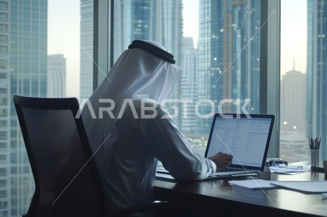 إدارة شؤون الأعمال وتنظيمها عبر الاجهزة التقنية، مهن ووظائف ادارية مكتبية، دمج العمل مع التقنية والتكنولوجيا، صورة من الخلف لرجل اعمال عربي خليجي سعودي يرتدي الثوب التقليدي والغتره يقوم بالعمل على الحاسوب المحمول داخل المكتب