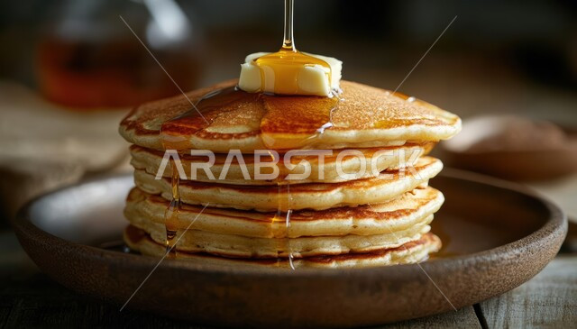 فنون تقديم الحلويات في مطاعم المملكة العربية السعودية, أطعمة مليئة بالسكريات و السعرات الحرارية, وجبات ذات قيمة غذائية عالية, طبق من طبقات البان كيك اللذيذة المزينة و المحشوة بالعسل، وجبة فطور لذيذة