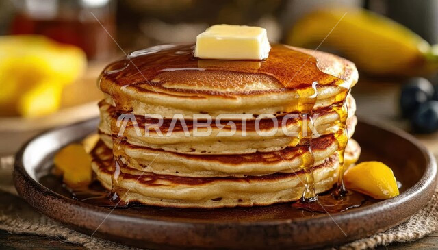 فنون تقديم الحلويات في مطاعم المملكة العربية السعودية, أطعمة مليئة بالسكريات و السعرات الحرارية, وجبات ذات قيمة غذائية عالية, طبق من طبقات البان كيك اللذيذة المزينة و المحشوة بالعسل، وجبة فطور لذيذة