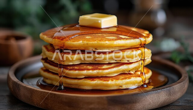 فنون تقديم الحلويات في مطاعم المملكة العربية السعودية, أطعمة مليئة بالسكريات و السعرات الحرارية, وجبات ذات قيمة غذائية عالية, طبق من طبقات البان كيك اللذيذة المزينة و المحشوة بالعسل، وجبة فطور لذيذة