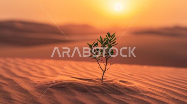 غروب الشمس فوق البراري والصحراء في المملكة العربية السعودية، المناظر الطبيعية في المناطق النائية، الهضاب والتضاريس والمرتفعات الجبلية، نمو النباتات الخضراء والأعشاب البرية في الأراضي الصحراوية، خلفية الطبيعة