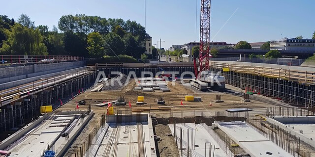  رافعات بناء وصب الخرسانات ووضع الاساسات, الحضارة والتطور والتقدم العمراني في المملكة العربية السعودية, مجموعة من المباني السكنية قيد الانشاء, تحسين وتطوير البنية التحتية, مفهوم الهندسة الإنشائية والمعمارية, تنفيذ مخطط الإعمار وتشكيل الهيكل المعدني