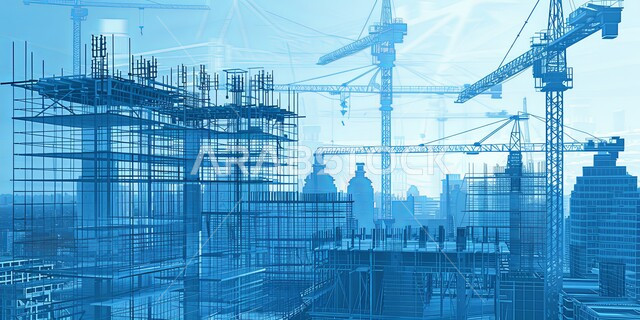 Concept of structural and architectural engineering, implementation of construction plan and formation of metal structure, construction crane and pouring concrete over a modern building under construction in blue, Saudi urban development and progress, improvement and development of infrastructure in the Kingdom of Saudi Arabia