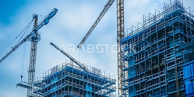 Implementation of the reconstruction plan and forming the metal structure, construction crane and pouring concrete over a modern building under construction in blue, Saudi urban development and progress, improving and developing the infrastructure in the Kingdom of Saudi Arabia, the concept of structural and architectural engineering
