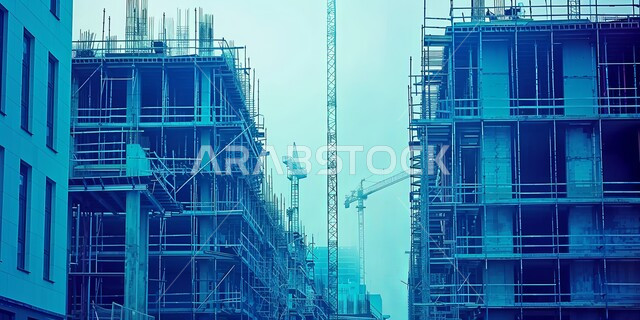 تنفيذ مخطط الإعمار وتشكيل الهيكل المعدني, رافعة بناء وصب الخرسانات فوق مبنى حديث قيد الانشاء باللون الأزرق, التطور والتقدم العمراني السعودي, تحسين وتطوير البنية التحتية في المملكة العربية السعودية, مفهوم الهندسة الإنشائية والمعمارية