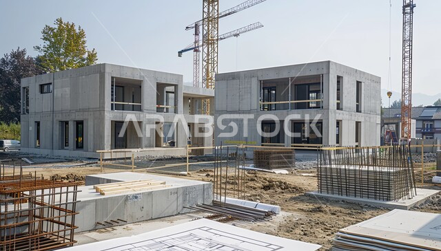 Concrete construction site under construction, Saudi urban development and progress, improvement and development of infrastructure in the Kingdom of Saudi Arabia, concept of structural and architectural engineering, implementation of the construction plan and formation of the metal structure