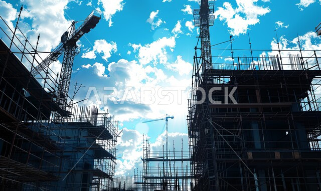 استخدام الآليات الحديثة في السعودية, تنفيذ مخطط الإعمار, أعمال البناء وصب الخرسانات ووضع الأساسات, الآلات والمعدات الثقيلة والرافعات والسقالات العالية, مفهوم الهندسة الانشائية والمعمارية, صورة ظلية لبناء تحت التشييد مع السماء المليئة بالغيوم