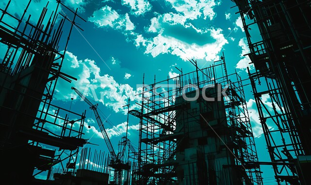  استخدام الآليات الحديثة في السعودية, تنفيذ مخطط الإعمار, أعمال البناء وصب الخرسانات ووضع الأساسات, الآلات والمعدات الثقيلة والرافعات والسقالات العالية, مفهوم الهندسة الانشائية والمعمارية, صورة ظلية لبناء تحت التشييد مع السماء المليئة بالغيوم