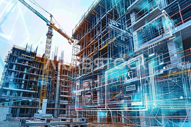 Implementation of the construction plan and forming the metal structure, construction works, pouring concrete and laying foundations, heavy machinery and equipment and high cranes, the concept of structural and architectural engineering, a group of facilities under construction using modern machinery at a construction site with a digital plan in Saudi Arabia