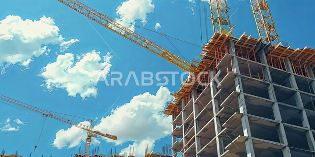 مفهوم الهندسة الانشائية والمعمارية, بناء تحت التشييد باستخدام الآليات الحديثة في المملكة العربية السعودية, تنفيذ مخطط الإعمار وتشكيل الهيكل المعدني, أعمال البناء وصب الخرسانات ووضع الأساسات, الآلات والمعدات الثقيلة والرافعات والسقالات العالية