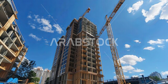 بناء تحت التشييد باستخدام الآليات الحديثة في المملكة العربية السعودية, تنفيذ مخطط الإعمار وتشكيل الهيكل المعدني, أعمال البناء وصب الخرسانات ووضع الأساسات, الآلات والمعدات الثقيلة والرافعات والسقالات العالية, مفهوم الهندسة الانشائية والمعمارية