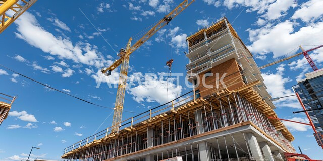 بناء تحت التشييد باستخدام الآليات الحديثة في المملكة العربية السعودية, تنفيذ مخطط الإعمار وتشكيل الهيكل المعدني, أعمال البناء وصب الخرسانات ووضع الأساسات, الآلات والمعدات الثقيلة والرافعات والسقالات العالية, مفهوم الهندسة الانشائية والمعمارية