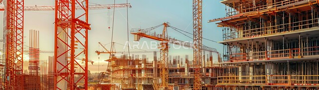 التوسع العمراني في المملكة العربية السعودية, مفهوم الهندسة الإنشائية والمعمارية, صورة بانورامية لمباني ومنشآت حديثة قيد الاعمار, رافعات البناء وصب الخرسانات ووضع الأساسات, تنفيذ مخطط الإنشاء وتشكيل الهيكل المعدني