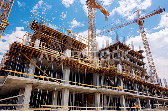 مفهوم الهندسة الإنشائية والمعمارية, رافعات البناء وصب الخرسانات ووضع الأساسات, تنفيذ مخطط الإعمار وتشكيل الهيكل المعدني, مبنى حديث قيد الانشاء, التوسع العمراني في المملكة العربية السعودية