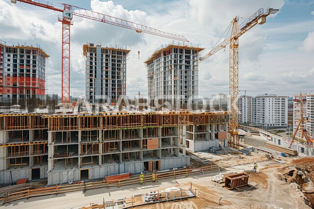 التطور والتقدم العمراني السعودي, تحسين وتطوير البنية التحتية في المملكة العربية السعودية, مفهوم الهندسة الإنشائية والمعمارية, تنفيذ مخطط الإعمار وتشكيل الهيكل المعدني, رافعة بناء وصب الخرسانات فوق مبنى حديث قيد الانشاء