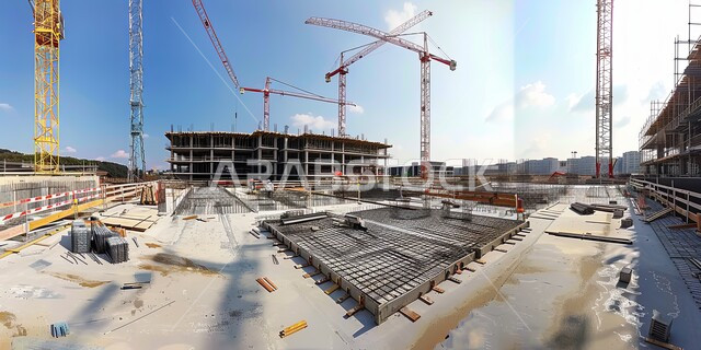 المباني والمنشآت في موقع قيد الانشاء في السعودية, العمل على تطوير وتحسين البلاد, مفهوم الهندسة الإنشائية والمعمارية, تنفيذ مخطط الإعمار وتشكيل الهيكل المعدني, رافعات بناء وصب الخرسانات