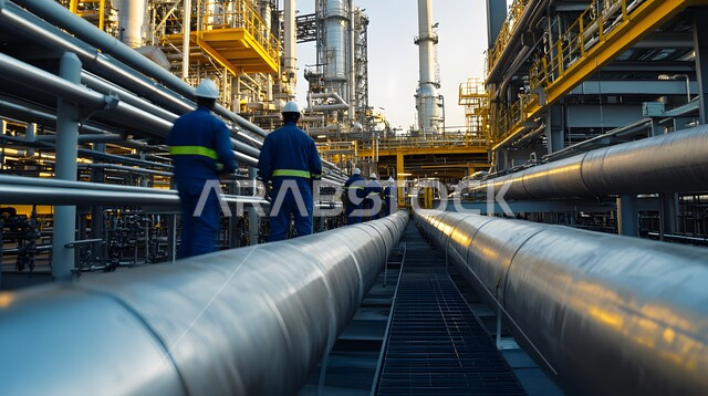 خطوط الأنابيب والكابلات الفولاذية، مفهوم إنتاجية الغاز في السعودية رصد سير العمل في المصانع ، لقطة مقربة لمجموعة من المهندسين السعوديين الخليجيين العاملين في مصنع لتكرير النفط والغاز، العمل في مجال الصناعات والمشاريع البتروكيماوية
