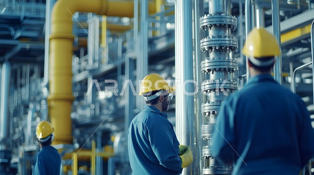 مفهوم إنتاجية الغاز في السعودية رصد سير العمل في المصانع، خطوط الأنابيب والكابلات الفولاذية،  لقطة مقربة لمجموعة من المهندسين السعوديين الخليجيين العاملين في مصنع لتكرير النفط والغاز، العمل في مجال الصناعات والمشاريع البتروكيماوية