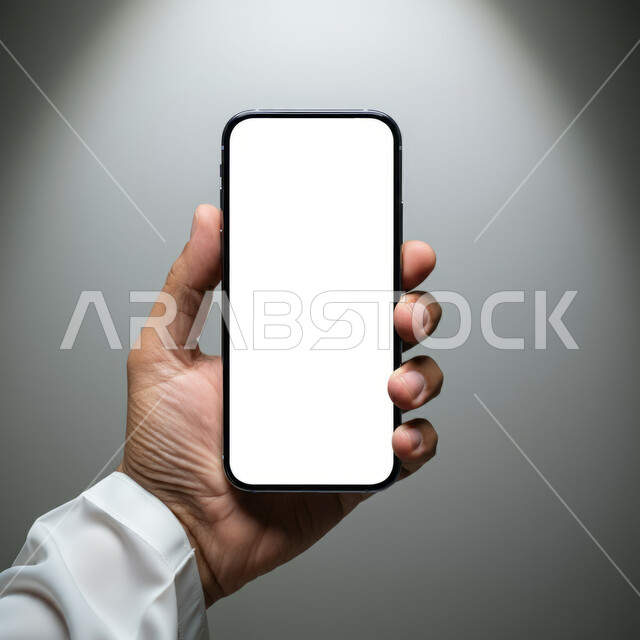 عرض تطبيقات وخدمات الموبايل, برتريه لرجل عربي خليجي سعودي يحمل بيده هاتف ذكي، التسويق الرقمي واعلانات تسويقية، تطبيقات الهاتف الذكي 