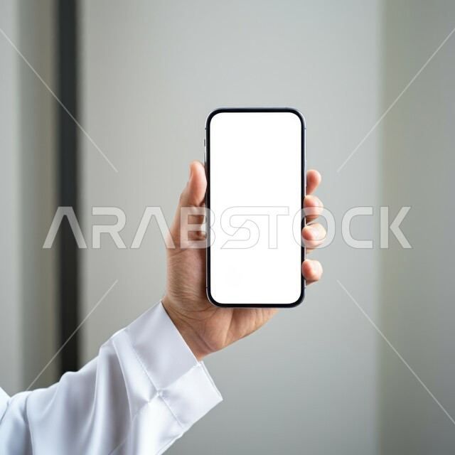 عرض تطبيقات وخدمات الموبايل, برتريه لرجل عربي خليجي سعودي يحمل بيده هاتف ذكي، التسويق الرقمي واعلانات تسويقية، تطبيقات الهاتف الذكي 