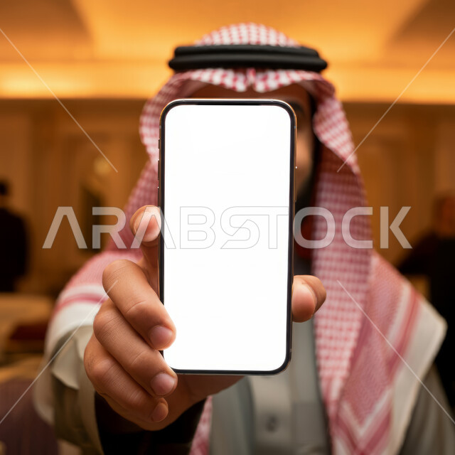 Smartphone applications, a portrait of a Saudi Gulf Arab man wearing a thobe and shemagh, holding a mobile phone with a white screen in his hand, displaying mobile applications and services, digital marketing and marketing advertisements.